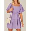 imageShy Velvet Womens Summer Dress Square Neck Short Sleeves Crossover Waist Casual Party Mini DressPurple