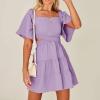 imageShy Velvet Womens Summer Dress Square Neck Short Sleeves Crossover Waist Casual Party Mini DressPurple