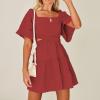 imageShy Velvet Womens Summer Dress Square Neck Short Sleeves Crossover Waist Casual Party Mini DressRed