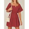 imageShy Velvet Womens Summer Dress Square Neck Short Sleeves Crossover Waist Casual Party Mini DressRed