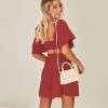 imageShy Velvet Womens Summer Dress Square Neck Short Sleeves Crossover Waist Casual Party Mini DressRed