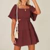 imageShy Velvet Womens Summer Dress Square Neck Short Sleeves Crossover Waist Casual Party Mini DressWine Red