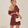 imageShy Velvet Womens Summer Dress Square Neck Short Sleeves Crossover Waist Casual Party Mini DressWine Red