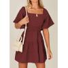imageShy Velvet Womens Summer Dress Square Neck Short Sleeves Crossover Waist Casual Party Mini DressWine Red