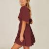 imageShy Velvet Womens Summer Dress Square Neck Short Sleeves Crossover Waist Casual Party Mini DressWine Red
