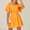 imageShy Velvet Womens Summer Dress Square Neck Short Sleeves Crossover Waist Casual Party Mini DressYellow