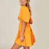 imageShy Velvet Womens Summer Dress Square Neck Short Sleeves Crossover Waist Casual Party Mini DressYellow