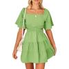 imageShy Velvet Womens Summer Dress Square Neck Short Sleeves Crossover Waist Casual Party Mini DressGreen