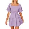 imageShy Velvet Womens Summer Dress Square Neck Short Sleeves Crossover Waist Casual Party Mini DressPurple
