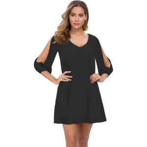 imageShy Velvet Womens Casual 34 Sleeve V Neck Shift Dress Chiffon Short Party DressBlack