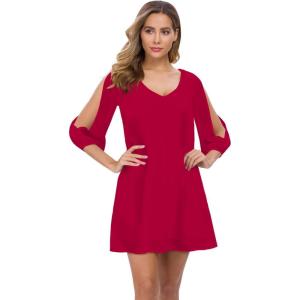 imageShy Velvet Womens Casual 34 Sleeve V Neck Shift Dress Chiffon Short Party DressRed