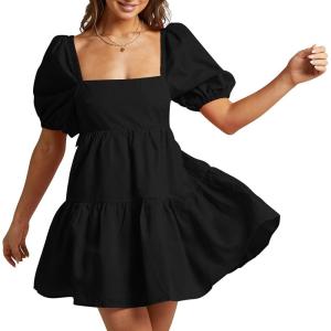 imageShy Velvet Womens Casual Party Mini Summer Dresses Square Neck Short Bubble Sleeve Babydoll DressBlack