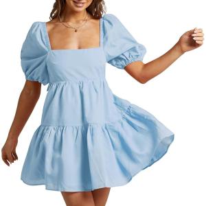 imageShy Velvet Womens Casual Party Mini Summer Dresses Square Neck Short Bubble Sleeve Babydoll DressBlue