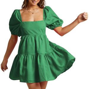 imageShy Velvet Womens Casual Party Mini Summer Dresses Square Neck Short Bubble Sleeve Babydoll DressDark Green