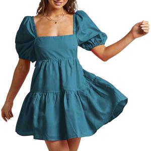 imageShy Velvet Womens Casual Party Mini Summer Dresses Square Neck Short Bubble Sleeve Babydoll DressGey Blue