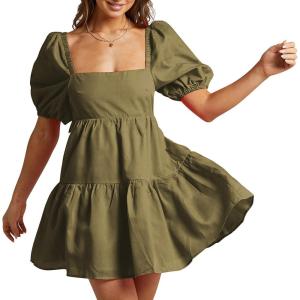 imageShy Velvet Womens Casual Party Mini Summer Dresses Square Neck Short Bubble Sleeve Babydoll DressGreen