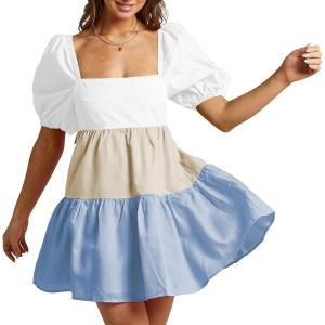 imageShy Velvet Womens Casual Party Mini Summer Dresses Square Neck Short Bubble Sleeve Babydoll DressKhaki Blue