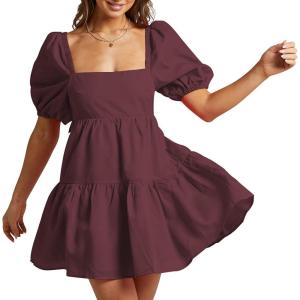 imageShy Velvet Womens Casual Party Mini Summer Dresses Square Neck Short Bubble Sleeve Babydoll DressMaroon