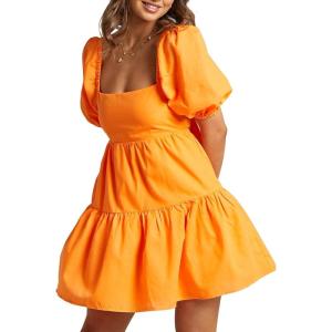 imageShy Velvet Womens Casual Party Mini Summer Dresses Square Neck Short Bubble Sleeve Babydoll DressOrange