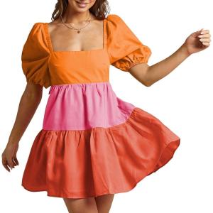 imageShy Velvet Womens Casual Party Mini Summer Dresses Square Neck Short Bubble Sleeve Babydoll DressOrange Red