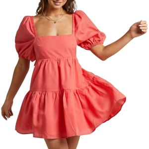 imageShy Velvet Womens Casual Party Mini Summer Dresses Square Neck Short Bubble Sleeve Babydoll DressRed