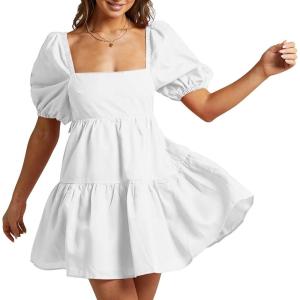 imageShy Velvet Womens Casual Party Mini Summer Dresses Square Neck Short Bubble Sleeve Babydoll DressWhite