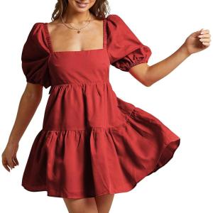 imageShy Velvet Womens Casual Party Mini Summer Dresses Square Neck Short Bubble Sleeve Babydoll DressWine Red