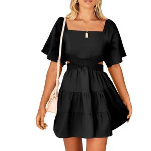 imageShy Velvet Womens Summer Dress Square Neck Short Sleeves Crossover Waist Casual Party Mini DressBlack