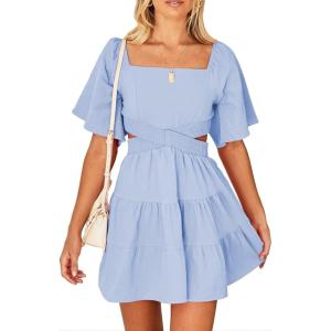 imageShy Velvet Womens Summer Dress Square Neck Short Sleeves Crossover Waist Casual Party Mini DressBlue