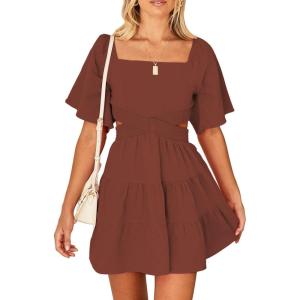 imageShy Velvet Womens Summer Dress Square Neck Short Sleeves Crossover Waist Casual Party Mini DressBrown