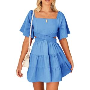 imageShy Velvet Womens Summer Dress Square Neck Short Sleeves Crossover Waist Casual Party Mini DressDark Blue