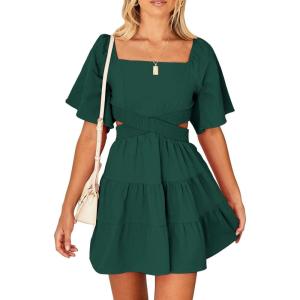 imageShy Velvet Womens Summer Dress Square Neck Short Sleeves Crossover Waist Casual Party Mini DressDark Green