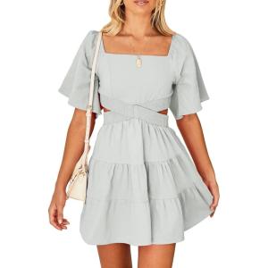 imageShy Velvet Womens Summer Dress Square Neck Short Sleeves Crossover Waist Casual Party Mini DressGray