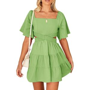 imageShy Velvet Womens Summer Dress Square Neck Short Sleeves Crossover Waist Casual Party Mini DressGreen