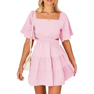 imageShy Velvet Womens Summer Dress Square Neck Short Sleeves Crossover Waist Casual Party Mini DressLight Pink