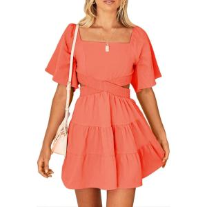 imageShy Velvet Womens Summer Dress Square Neck Short Sleeves Crossover Waist Casual Party Mini DressOrange