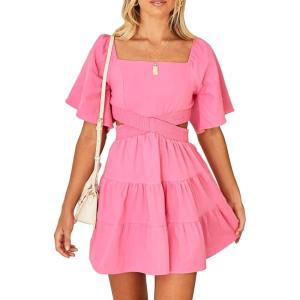 imageShy Velvet Womens Summer Dress Square Neck Short Sleeves Crossover Waist Casual Party Mini DressPink