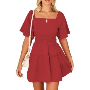 imageShy Velvet Womens Summer Dress Square Neck Short Sleeves Crossover Waist Casual Party Mini DressRed