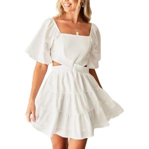 imageShy Velvet Womens Summer Dress Square Neck Short Sleeves Crossover Waist Casual Party Mini DressWhite
