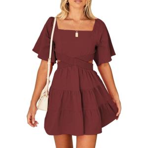 imageShy Velvet Womens Summer Dress Square Neck Short Sleeves Crossover Waist Casual Party Mini DressWine Red