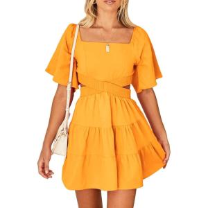 imageShy Velvet Womens Summer Dress Square Neck Short Sleeves Crossover Waist Casual Party Mini DressYellow