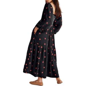 imageShy Velvet Womens Summer Dresses 2024 Maxi Dress Long Sleeve Square Neck Embroidered Maxi DressBlack