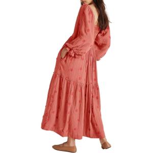 imageShy Velvet Womens Summer Dresses 2024 Maxi Dress Long Sleeve Square Neck Embroidered Maxi DressBrick Red