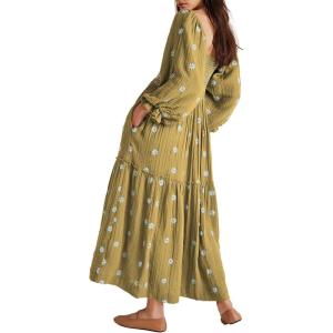 imageShy Velvet Womens Summer Dresses 2024 Maxi Dress Long Sleeve Square Neck Embroidered Maxi DressGreen