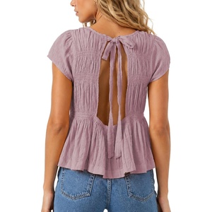 image:imageShy Velvet 2026 Womens Linen Blend Ruched Crop Tops Short Sleeve Tie Back Boho Summer TopsDusty Mauve