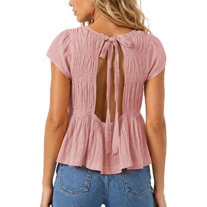 image:imageShy Velvet 2026 Womens Linen Blend Ruched Crop Tops Short Sleeve Tie Back Boho Summer TopsPink