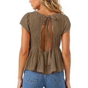 image:imageShy Velvet 2026 Womens Linen Blend Ruched Crop Tops Short Sleeve Tie Back Boho Summer TopsTaupe