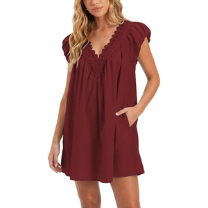 image:imageShy Velvet 2026 Summer Womens Boho Tunic Dress Oversized Flowy Cover Up Beach Vacation Dress with Scalloped Trim and PocketsBurgundy