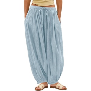 image:imageShy Velvet Women Linen Blend Pants Lightweight Drawstring Elastic Waist Boho Summer Beach Vacation Pants with PocketsLight Blue