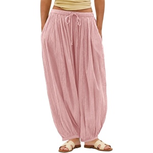 image:imageShy Velvet Women Linen Blend Pants Lightweight Drawstring Elastic Waist Boho Summer Beach Vacation Pants with PocketsSoft Pink
